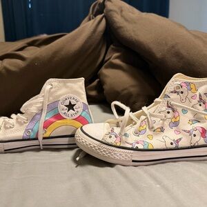 Converse Cream High Top Sneakers with Pink Accent